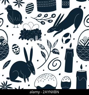 Happy Easter seamless pattern. Spring holiday concept vector illustrations. Chicken, rabbit, flowers, cakes and eggs background. Can be use for easter Stock Vector