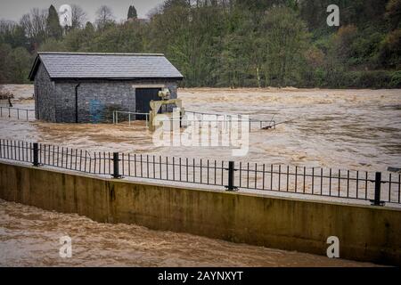 The Radyr Weir Hydro Scheme, South Wales, is flooded after The River Taff bursts its banks during Storm Dennis Feb 2020 Stock Photo