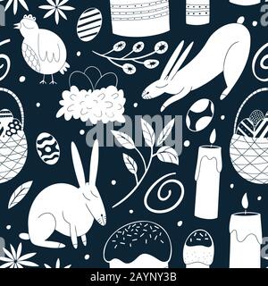 Happy Easter seamless pattern. Spring holiday concept vector illustrations. Chicken, rabbit, flowers, cakes and eggs background. Can be use for easter Stock Vector