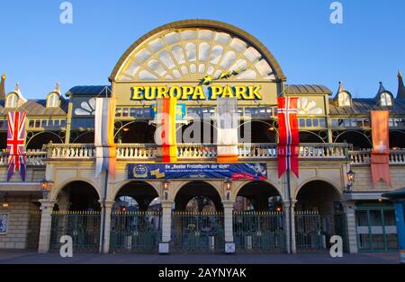 Rust, Germany. 15th Feb, 2020. Rust, Germany - February 15, 2020: Miss Germany Beauty Pageant Election at Europa-Park with the Main Entrance of Europapark and Logo | usage worldwide Credit: dpa/Alamy Live News Stock Photo
