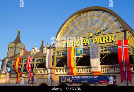 Rust, Germany. 15th Feb, 2020. Rust, Germany - February 15, 2020: Miss Germany Beauty Pageant Election at Europa-Park with the Main Entrance of Europapark and Logo | usage worldwide Credit: dpa/Alamy Live News Stock Photo