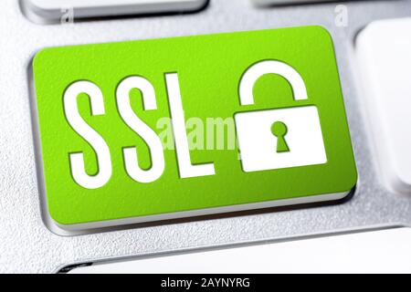 Green SSL Button With Lock On A Keyboard, Secure Internet Concept Stock Photo