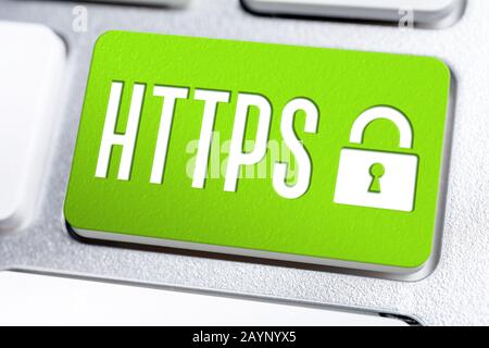 Green HTTPS Button With Lock On A Keyboard, Secure Internet Concept Stock Photo