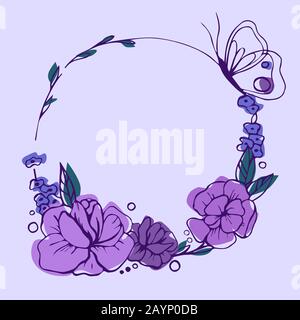 Vector illustration. Purple hand drawn flowers in circle. Beautiful spring card Stock Vector