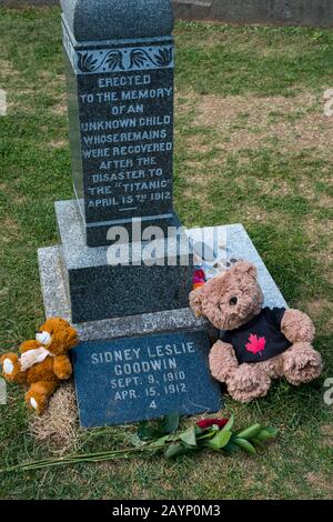 Markers of a child, a Titanic victims at the Fairview Lawn Cemetery in Halifax, Nova Scotia, Canada., which is the final resting place for over one hu Stock Photo