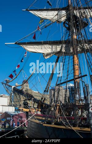 Sails of the HMS Bounty which was built as a movie prop in 1960 for the 1962 MGM release of Mutiny on the Bounty, Tall ship festival in the harbor of Stock Photo