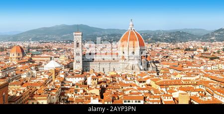 Panoramic aerial shot from viewpoint of the classical view to the most famous Florence landmarks at sunny day. Travel in Italy concept Stock Photo