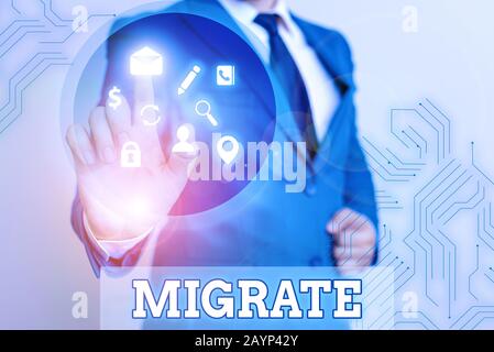 Writing note showing Migrate. Business concept for to move or travel from one country place or locality to another Stock Photo