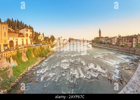 20 OCTOBER 2018, VERONA, ITALY: Panoramic cityscape view of Verona old town and bridge over Adige river. Travel destination in Italy concept