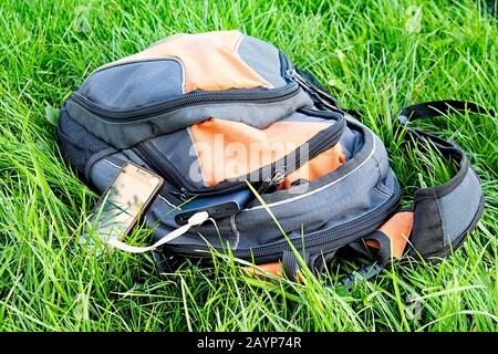 power bank charges a smartphone on the grass Stock Photo