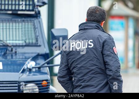 ISTANBUL - JAN 02: Back of Turkish Policeman dressed in special Uniform in Istanbul on January 02. 2020 in Turkey Stock Photo