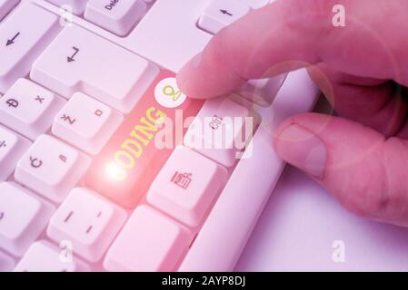 Writing note showing Coding. Business concept for assigning code to something for classification identification Stock Photo