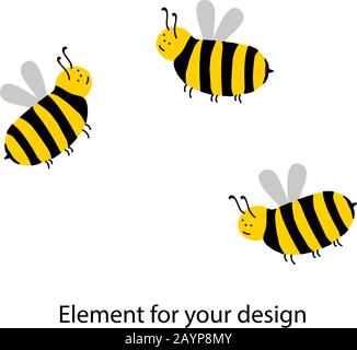 Cute bee characters on a white background. Striped insects. Wings. Yellow and black. Vector illustration isolated on white background. Element for Stock Vector