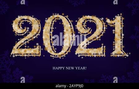 2021 Happy New Year text shiny golden sparkling confetti on dark blue Stock Vector