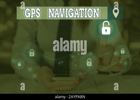 Text sign showing Gps Navigation. Business photo showcasing the satellite infrastructure that enables navigation Stock Photo
