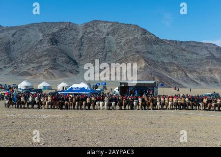 Kazakh eagle hunters lining up in front of the judges at the Golden Eagle Festival near the city of Ulgii (Ölgii) in the Bayan-Ulgii Province in weste Stock Photo