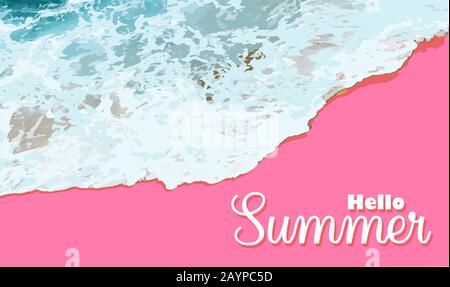 Summer sale banner background mockup. Vector illustration template. Horizontal banner. Hello summer. Pink sand. Beach top view. Sea waves and foam.. Stock Vector
