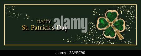 CLOVER SHEET on a green background. JEWELERY. Golden clover. Chic postcard for Saint Patricks Day. Horizontal format.. Stock Vector