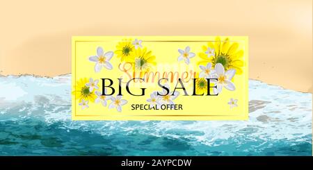 Summer sale banner background mockup. Vector illustration template. Horizontal banner. Hello summer. Beach top view. Sea waves and foam.. Stock Vector
