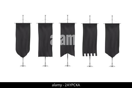 Vertically hanging banners on a metal flagpole black flags templates. Stock Vector