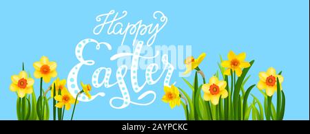 Easter blossom banner with daffodils Stock Vector
