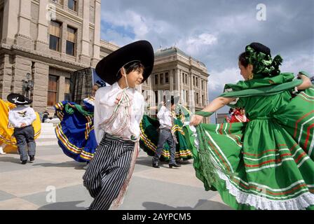 Austin, Texas, March 2, 2000: Young Ballet Folklorico dancers perform at the State Capitol during Texas Independence Day celebration. ©Bob Daemmrich Stock Photo