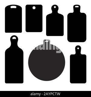 Set of seven black vector cutting boards silhouettes. Stock Vector