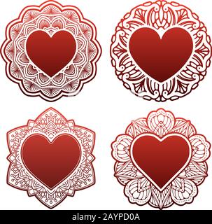 Set of circle lace ornaments, round ornamental geometric doily pattern with heart shaped empty space for text. Vector illustration greeting, wedding i Stock Vector