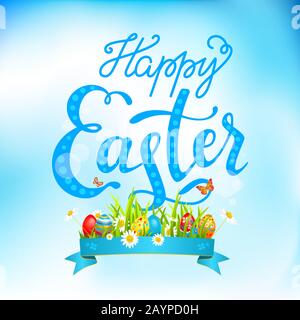 Easter eggs on a grass and lettering. Stock Vector