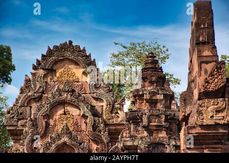 Banteay Srei or Banteay Srey Temple site among the ancient ruins of Angkor Wat Hindu temple complex in Siem Reap, Cambodia. The Temple is dedicated to