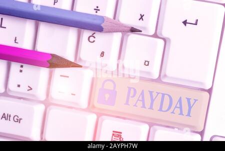 Word writing text Payday. Business photo showcasing a day on which someone is paid or expects to be paid their wages Stock Photo