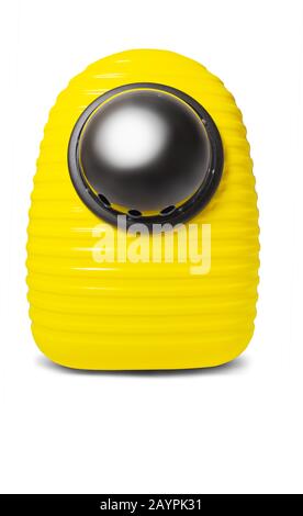 Funny pet yellow carrying backpack isolated on white Stock Photo