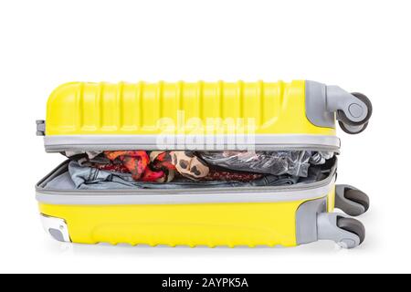 Isolated open suitcase with lots of clothes inside Stock Photo
