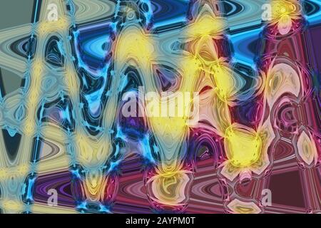 Marbled cyan pale yelllow purple abstract background. Liquid marble pattern with glowing effect. Stock Photo