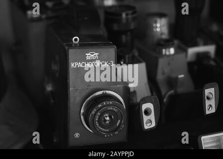 Yerevan, Armenia October 13, 2019: Vintage soviet and foreign cameras and lenses on the market Stock Photo