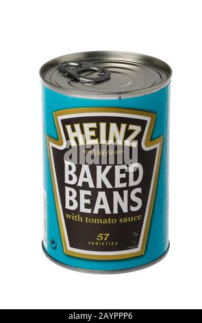 Stockholm, Sweden - February 16, 2020: One tin can of Heinz baked beans with tomato sauce isolated on white background. Stock Photo