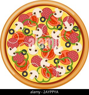 Pizza with sliced tomatoes mushrooms salami sausage onion bell pepper black olives and cheese. Italian fast food isolated vector illustration Stock Vector