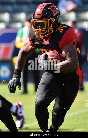 Carson, CA. 16th Feb, 2020. LA Wildcats running back Elijah Hood #34 runs in action during the XFL football game against the Dallas Renegades at the Dignity Heath Sports Park in Carson, California.Mandatory Photo Credit: Louis Lopez/CSM/Alamy Live News Stock Photo