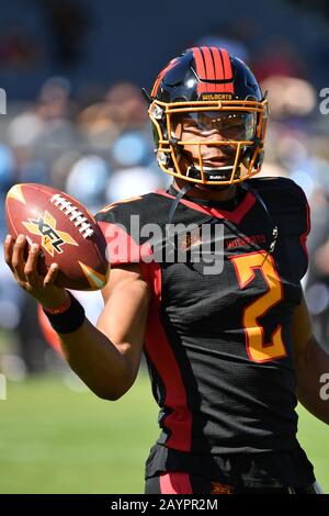 Carson, CA. 16th Feb, 2020. LA Wildcats quarterback Jalan McClendon #2 on the sidelines during the XFL football game against the Dallas Renegades at the Dignity Heath Sports Park in Carson, California.Mandatory Photo Credit: Louis Lopez/CSM/Alamy Live News Stock Photo
