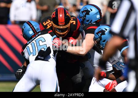 Carson, CA. 16th Feb, 2020. LA Wildcats running back Elijah Hood #34 runs in action during the XFL football game against the Dallas Renegades at the Dignity Heath Sports Park in Carson, California.Mandatory Photo Credit: Louis Lopez/CSM/Alamy Live News Stock Photo