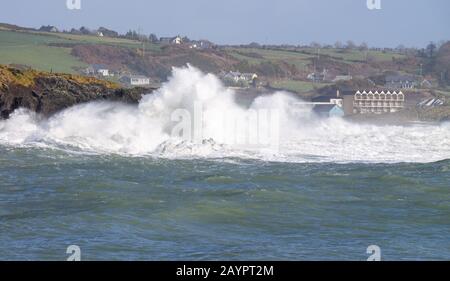 Huge storm waves breaking over the cliffs on the Warren Rosscarbery West Cork Ireland Stock Photo