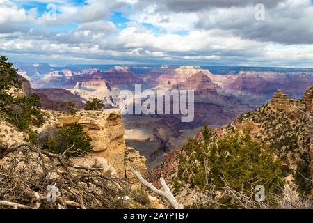 Grand Canyon, as viewed from the south rim. Branches, trees and rocks close up; red rock formations of the North Rim wall in the distance. Cloudy blue Stock Photo