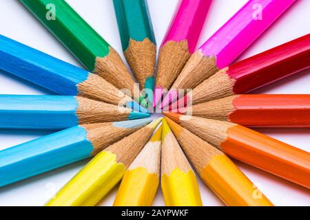 colorfoull pencils forming a color circle on a hite background. Stock Photo