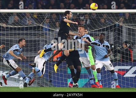 Stadio Olympico, Rome, Italy. 16th Feb, 2020. Serie A Football, Lazio versus Inter Milan; Diego Godin of Inter Milan wins the header for a goal opportunity Credit: Action Plus Sports/Alamy Live News Stock Photo