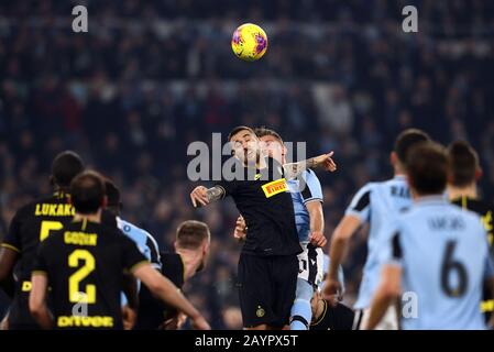 Stadio Olympico, Rome, Italy. 16th Feb, 2020. Serie A Football, Lazio versus Inter Milan; Matias Vecino of Inter Milan climbs to win the header Credit: Action Plus Sports/Alamy Live News Stock Photo