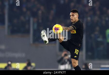 Stadio Olympico, Rome, Italy. 16th Feb, 2020. Serie A Football, Lazio versus Inter Milan; Lautaro Mart&#xed;nez of Inter Milan controls the high ball Credit: Action Plus Sports/Alamy Live News Stock Photo