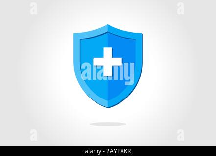 Blue medical health protection shield with cross. Healthcare medicine protected steel guard concept symbol. Vector insurance and safety icon isolated illustration Stock Vector