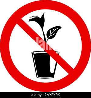 No houseplants prohibition sign. Forbidden icon with flower pot on white background. Seedling gardening plant in red crossed out circle. Do not grow concept. Isolated Natural Vector warning symbol. Stock Vector