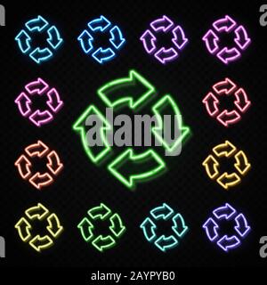 Color neon 4 in circle arrows set on transparent background. Zero Waste Reuse Recycle icon for web internet. Glowing light recycling symbol. Refresh r Stock Vector