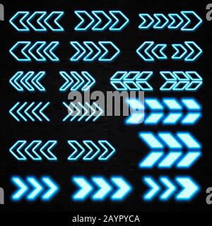 Blue neon 3d arrows set on black brick wall background. Shining led light sign showing left and right direction. Illuminated outline pointer symbol in Stock Vector